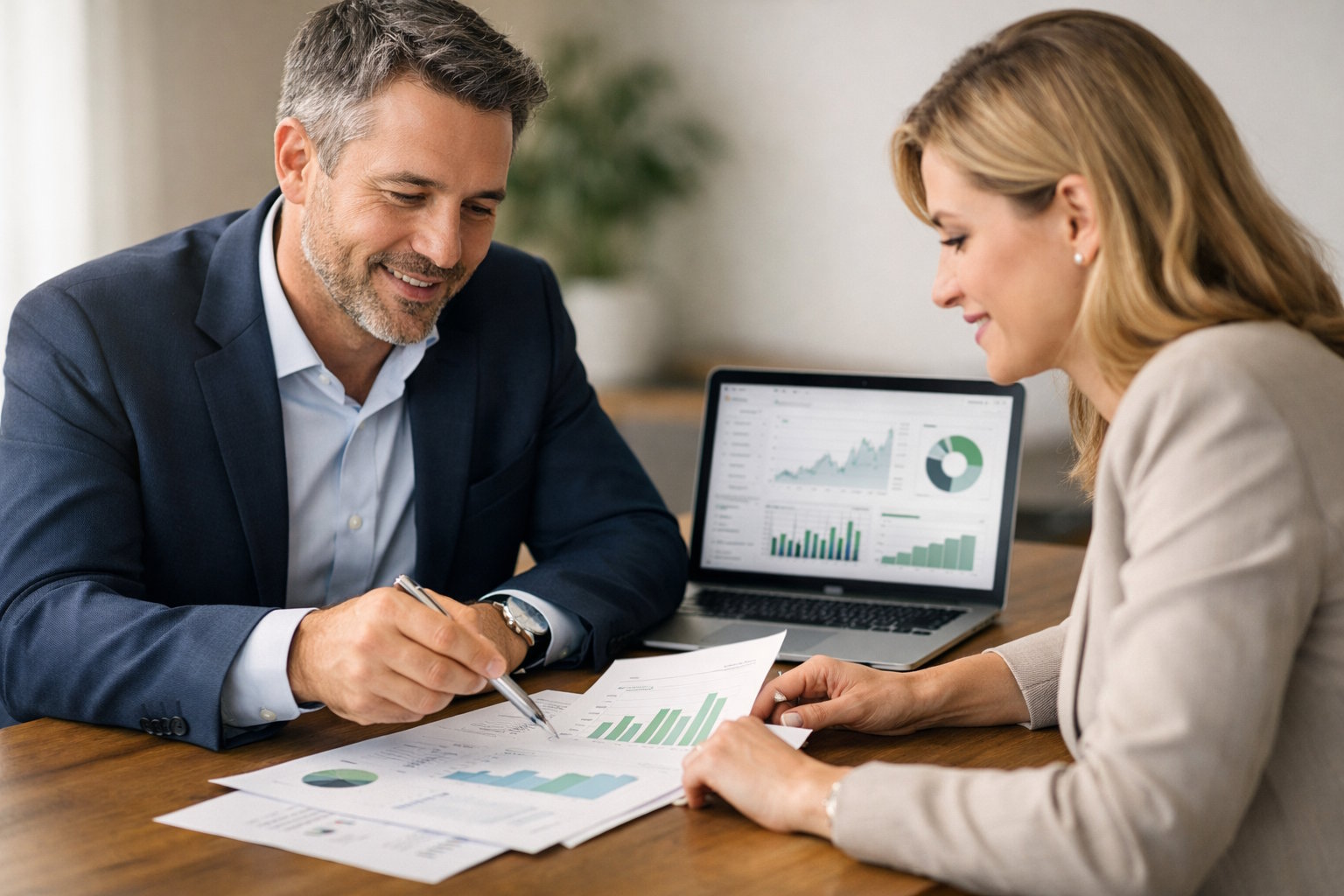 Financial advisor meeting with a client in a modern office