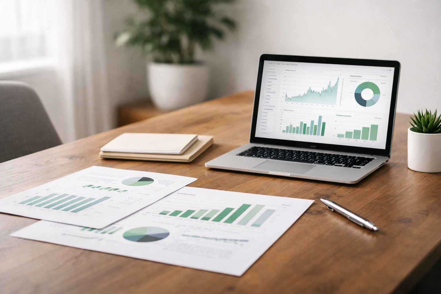 Financial analytics workspace with reports and laptop