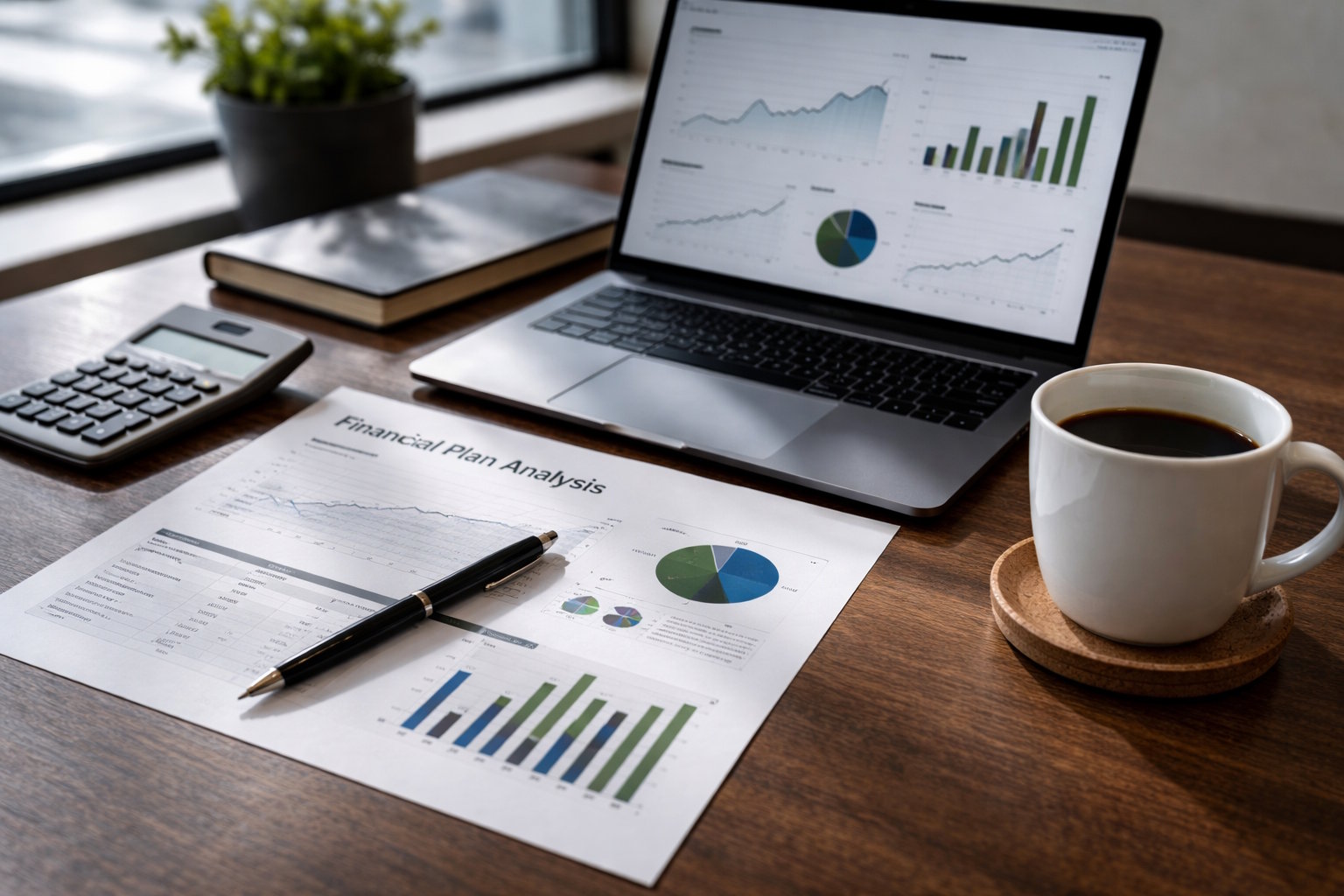 Financial planning workspace with laptop, charts, and planning materials